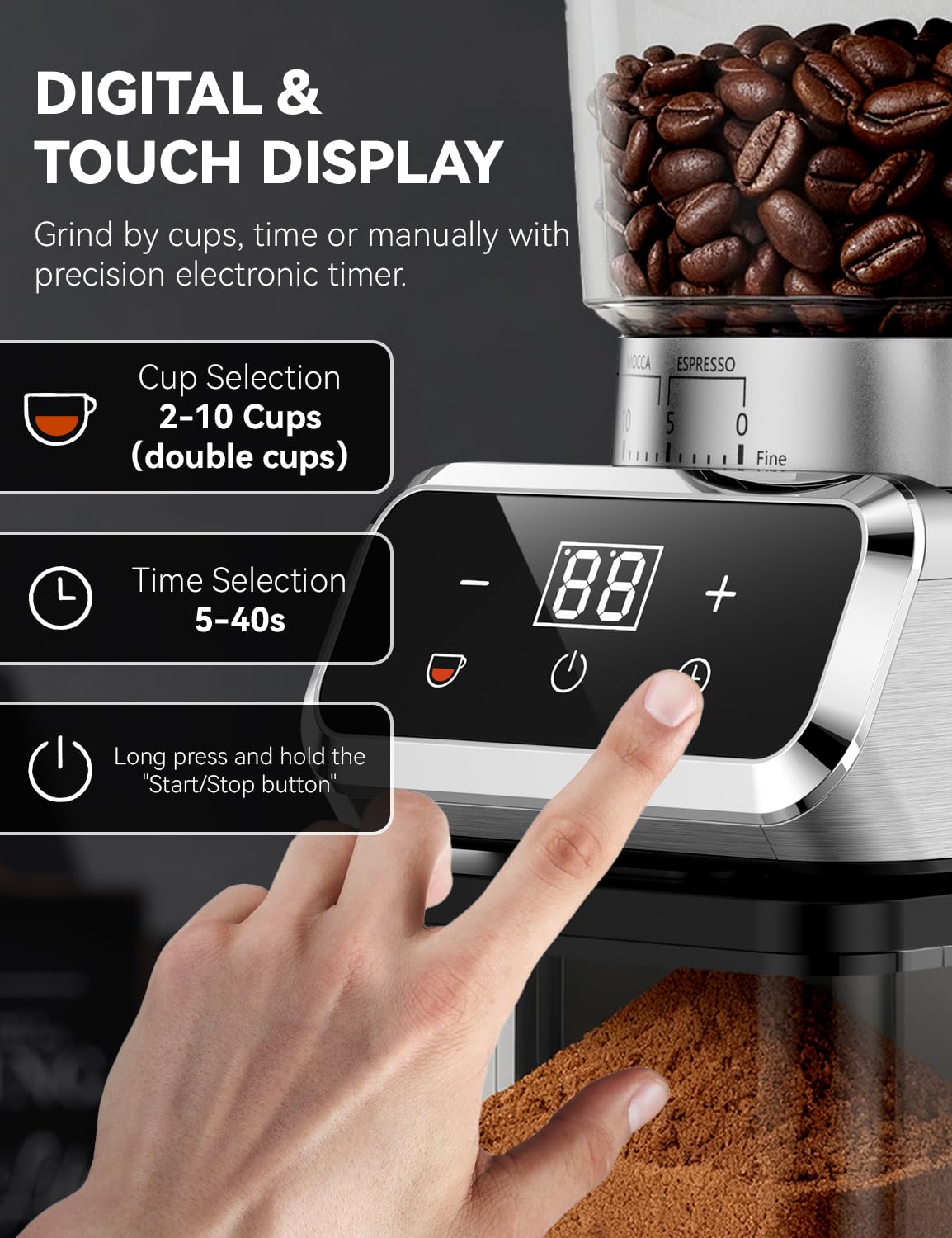 Emojoy coffee grinder digital touch panel enables easy, precise timing and cup settings.
