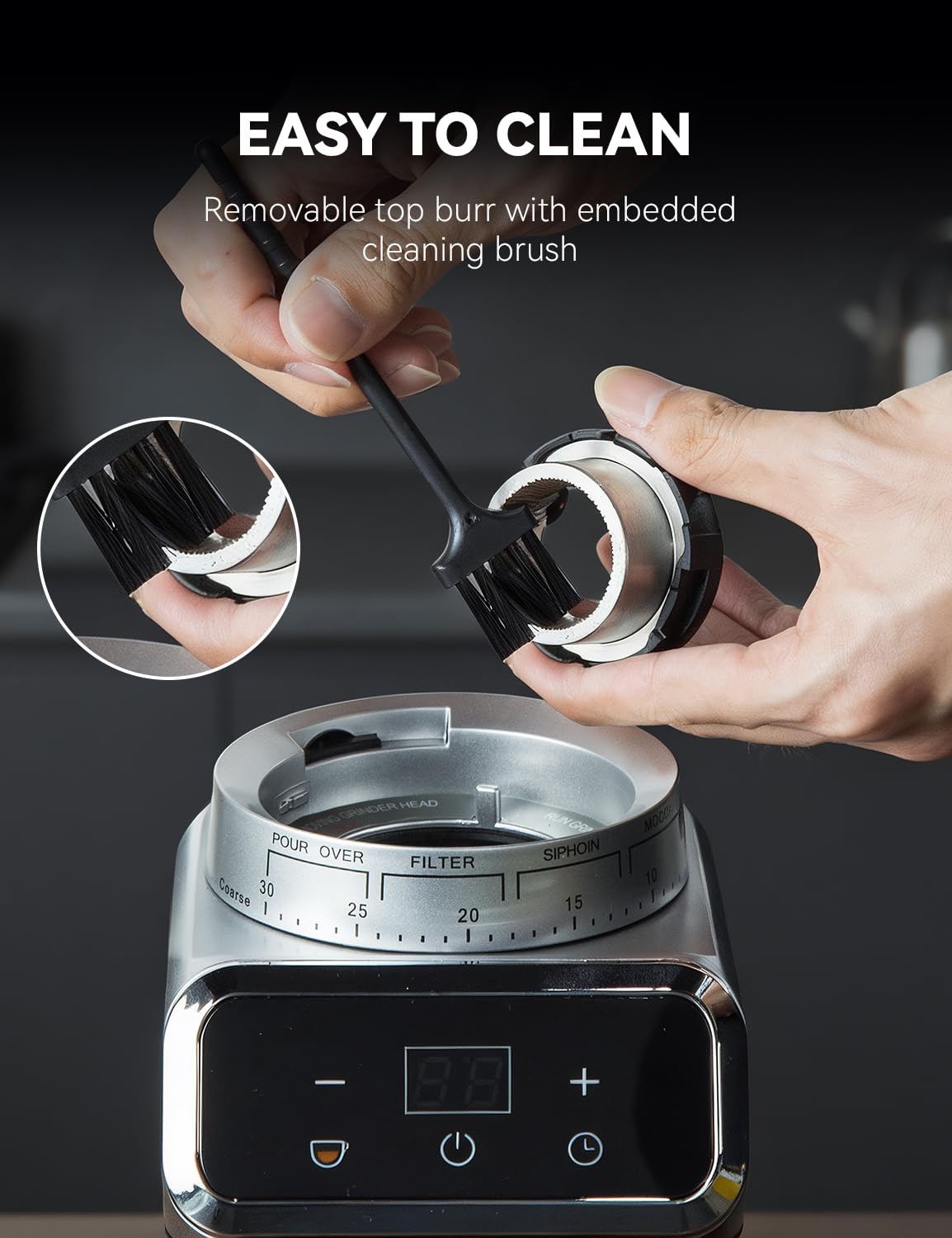 Emojoy coffee grinder removable hopper and bin simplifies cleaning.