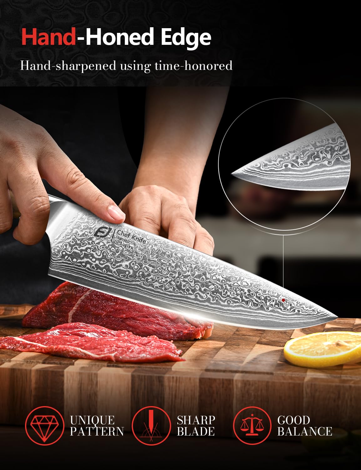 Close-up of 67-layer Damascus blade on Emojoy knife