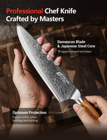 Emojoy Damascus Knife beside wooden gift box for gifting