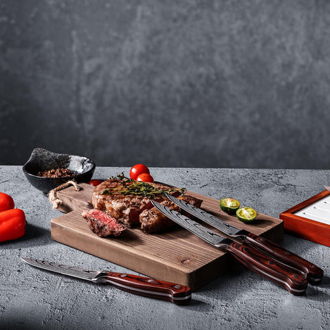 Emojoy steak knives feature a one-piece forged construction for safer handling.