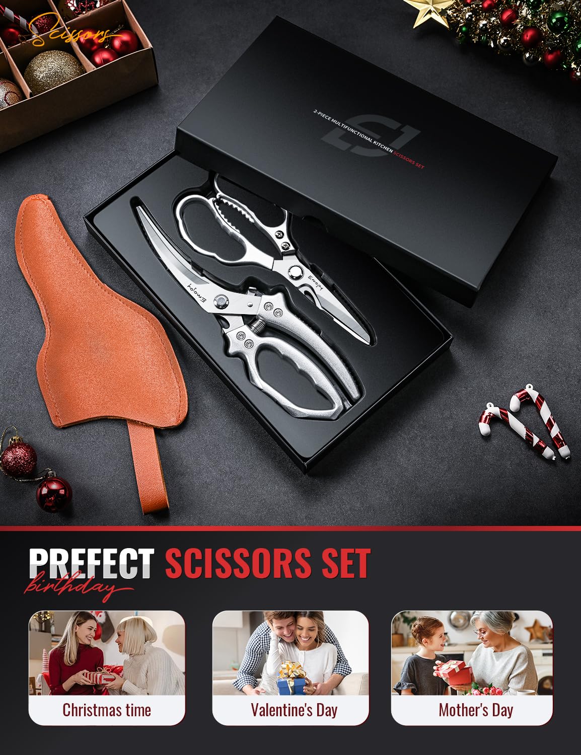 Emojoy dishwasher-safe kitchen scissors ready for simple cleanup.