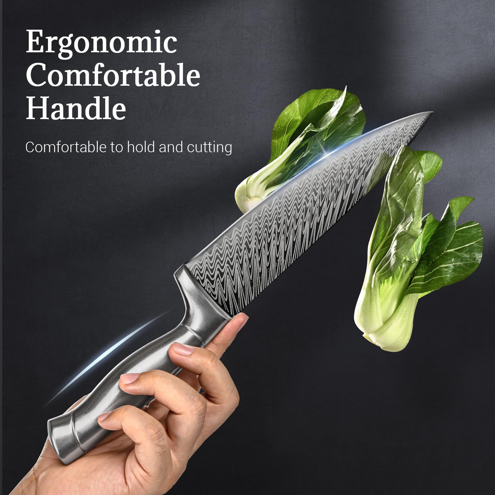 Emojoy ergonomic stainless steel handles provide comfortable, balanced control.