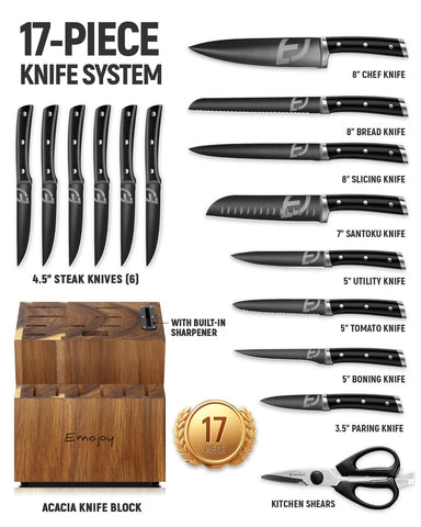 Emojoy heavy-duty acacia block keeps knives securely upright