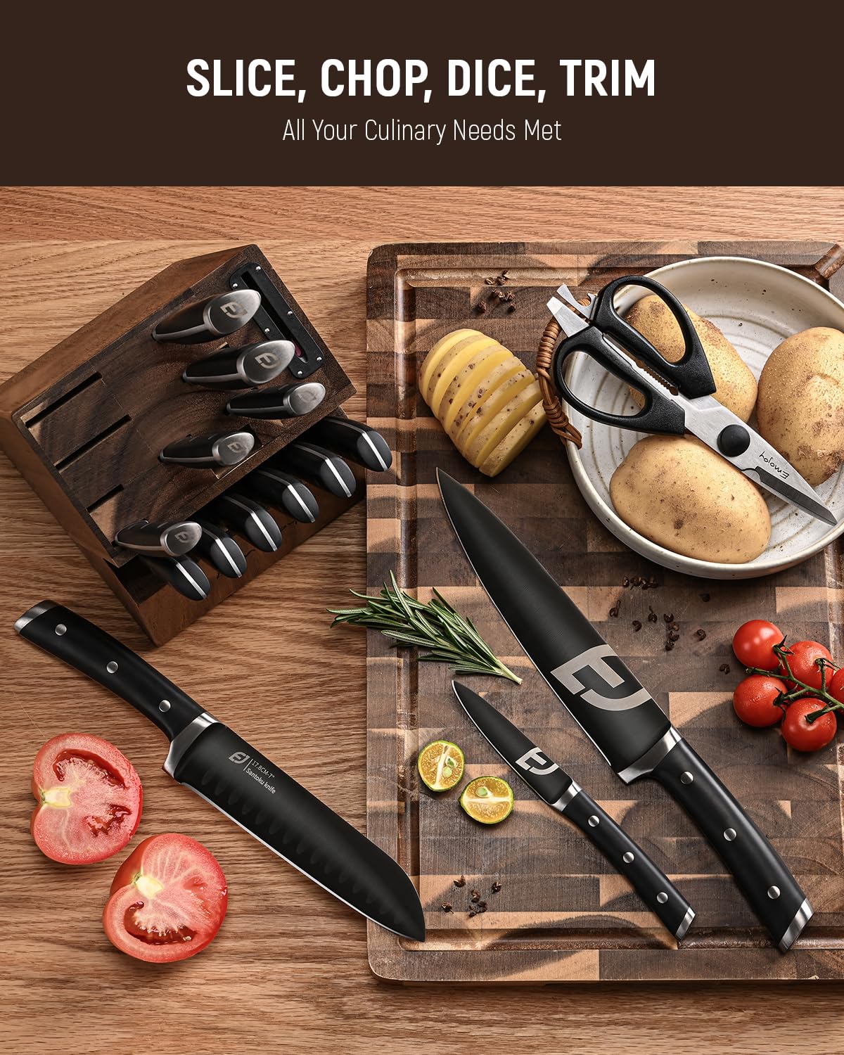 Emojoy block-ready knives neatly organized on counter