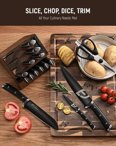 Emojoy block-ready knives neatly organized on counter