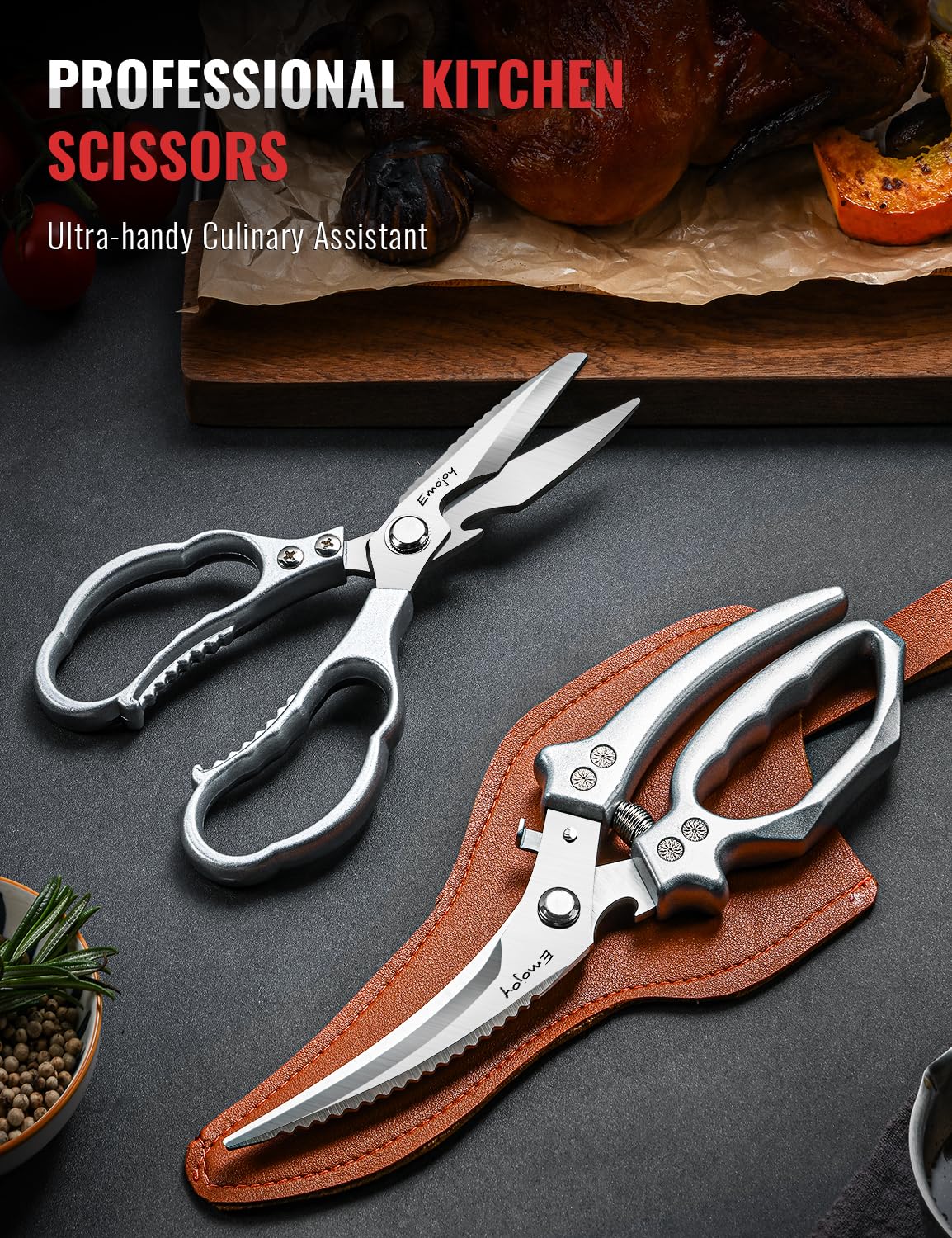 Emojoy kitchen scissors blade closeup showing sharp Japanese stainless steel.