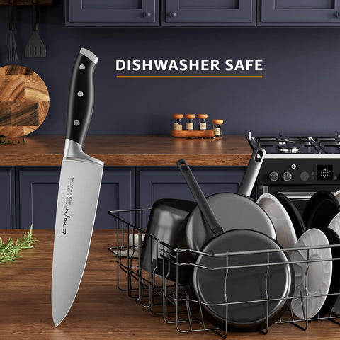 Emojoy kitchen shears and sharpener shown for versatile prep and upkeep.