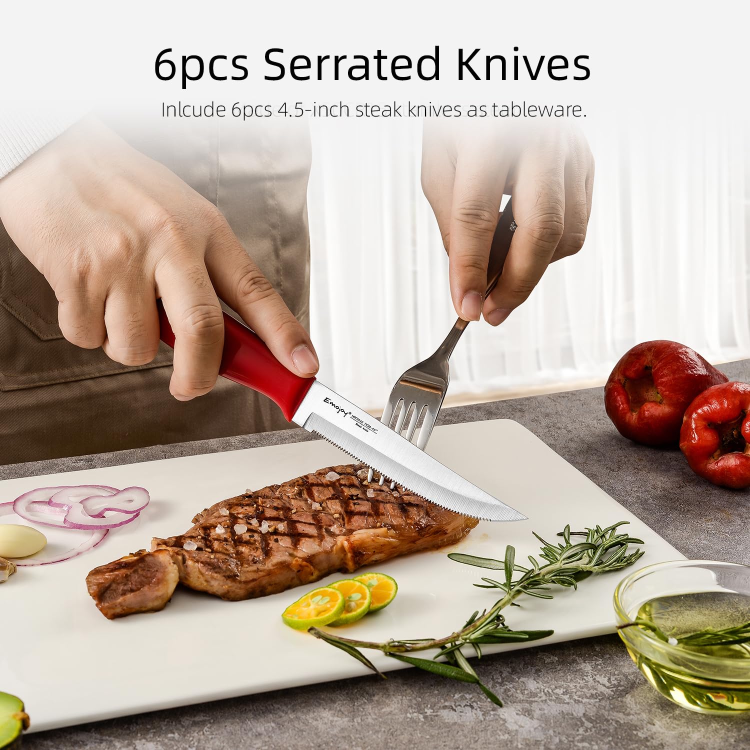 Emojoy kitchen shears with wood block nearby demonstrate versatility and easy storage.