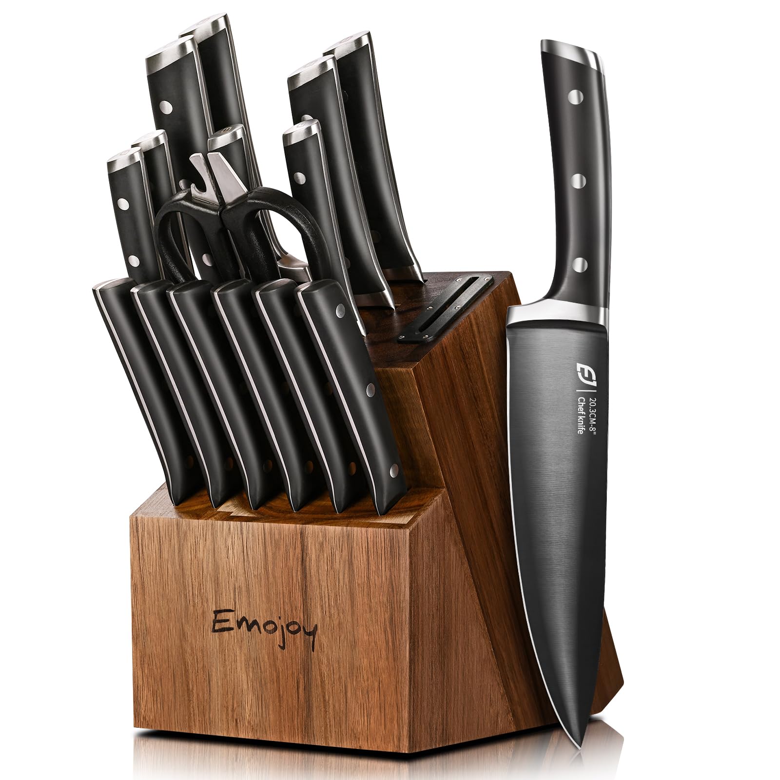Emojoy knife set with acacia block, durable display for everyday prep