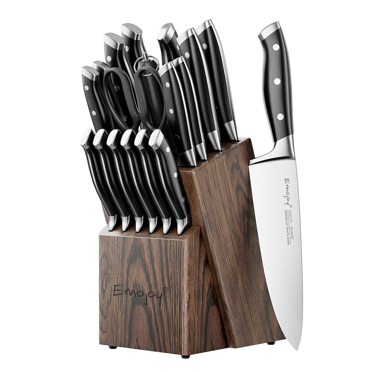 Emojoy knife-set block wooden: organized and safely stored blades on the counter.