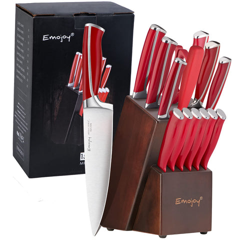 Emojoy knife-set with wood block in front view showing organized storage and quality craftsmanship.