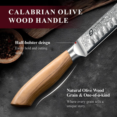 Emojoy olive wood handle provides ergonomic grip and elegant grain for comfortable slicing.