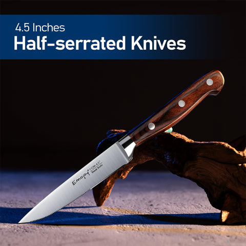 Emojoy steak knife blade close-up showing sharpness and durability