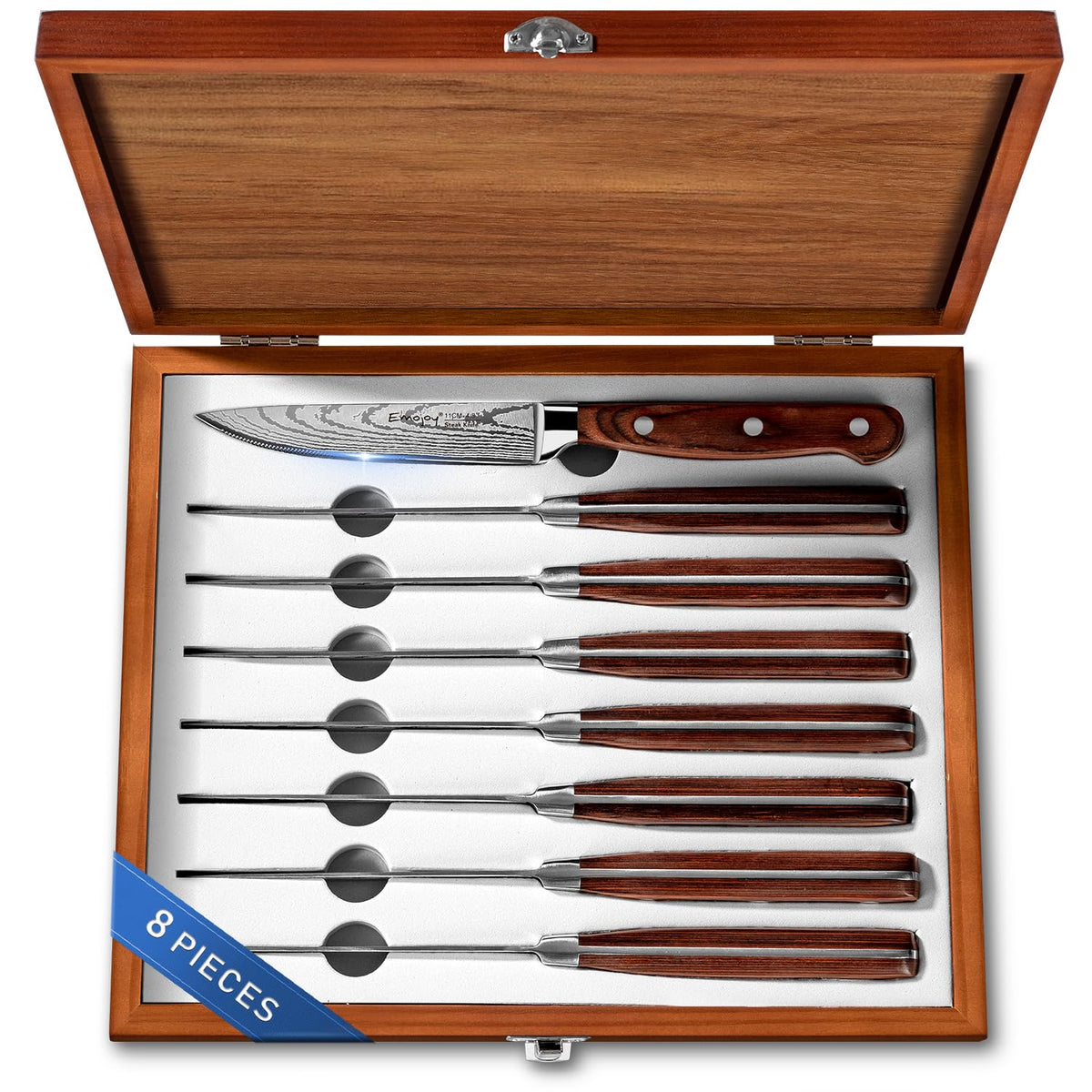 Emojoy 8-piece steak knives in a sleek wooden box for a stylish table setting.