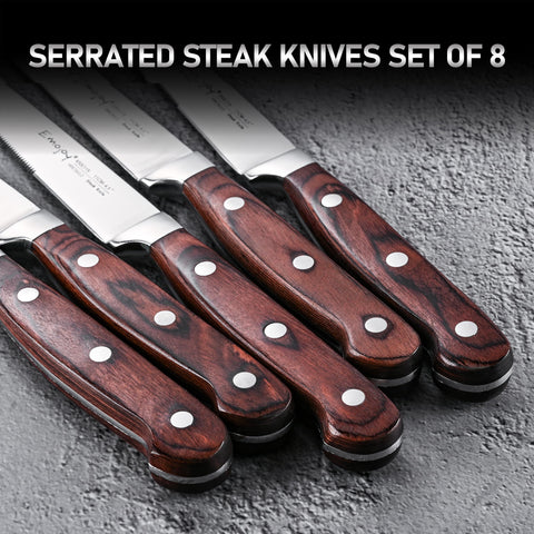 Emojoy steak knives displayed on a refined dining table