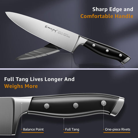 Emojoy wood block storage on countertop holds all knives neatly.