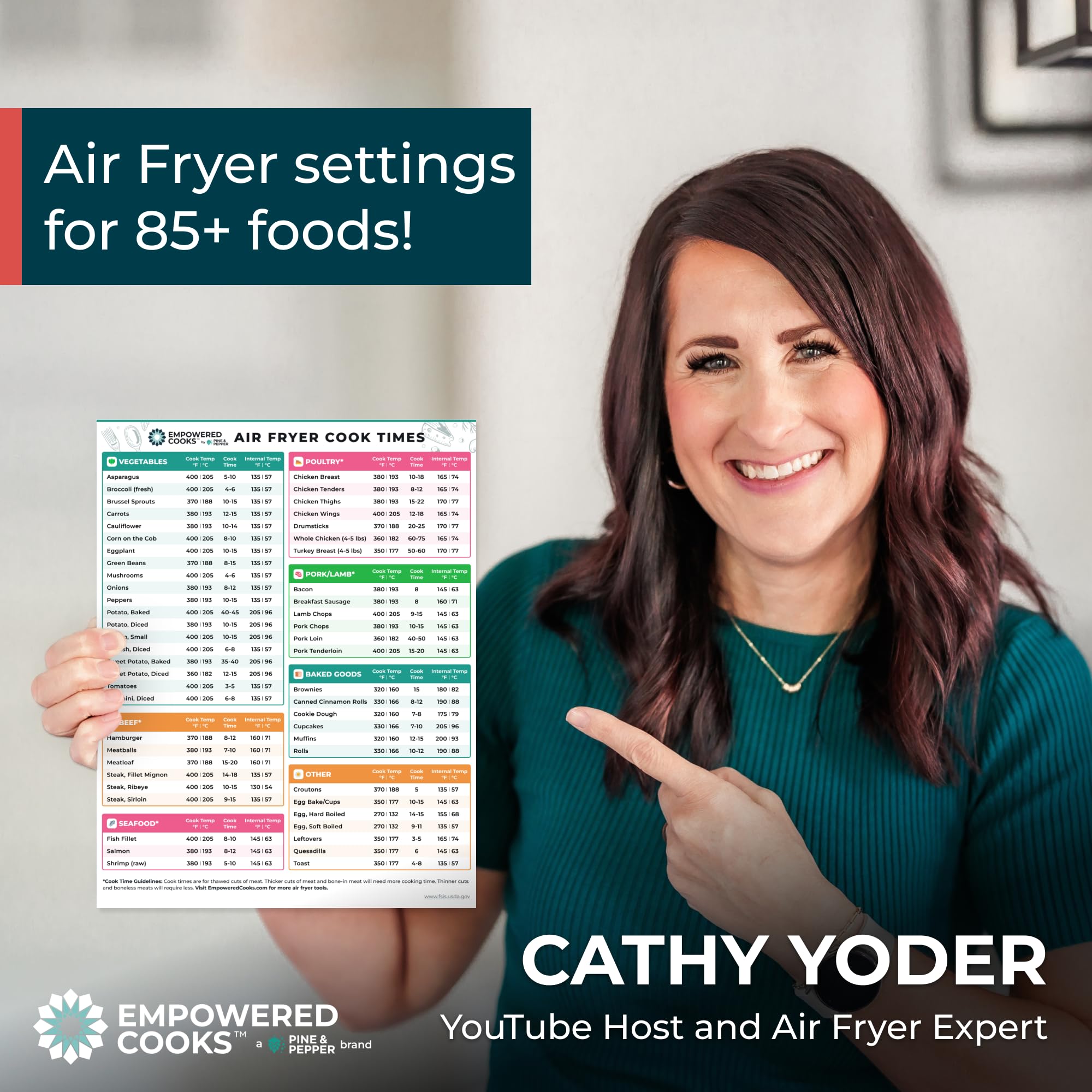 Empowered Cooks air fryer times chart magnet helps tailor settings for your model.