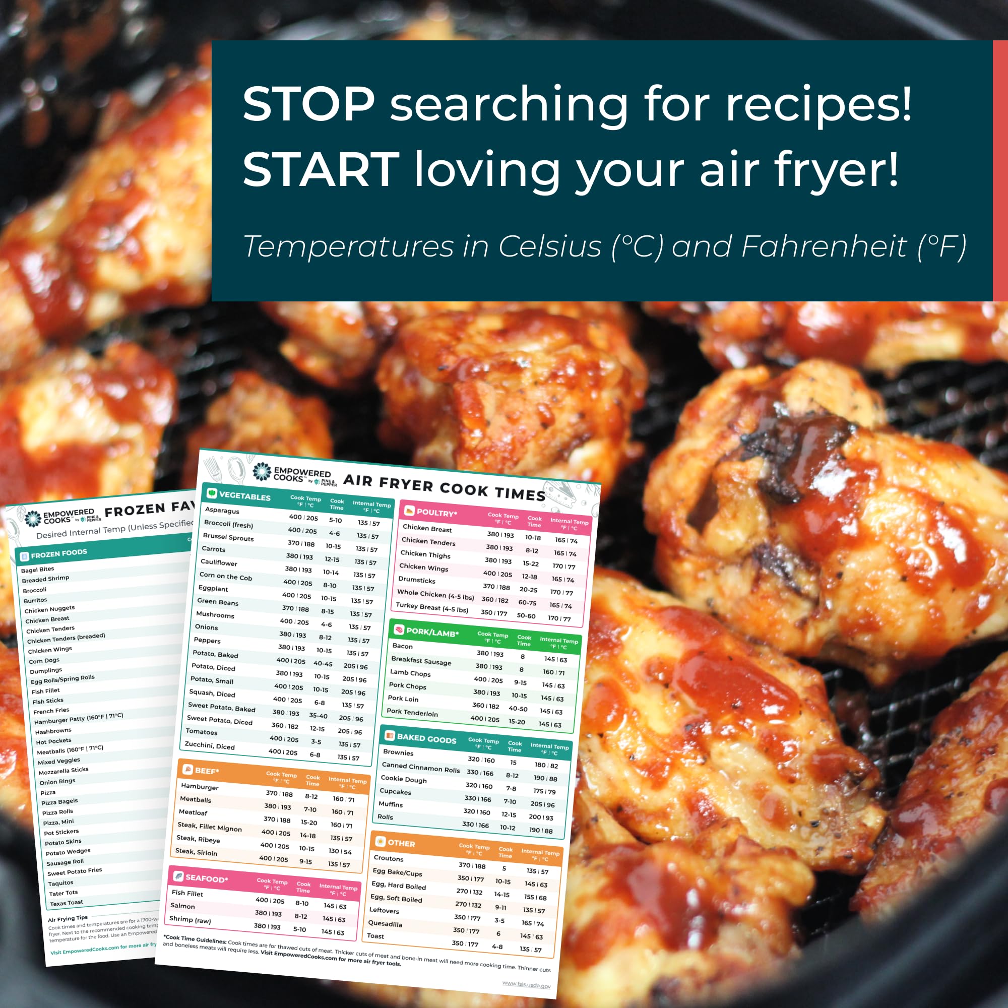 Empowered Cooks air fryer guide magnet sticks to metal surfaces securely.