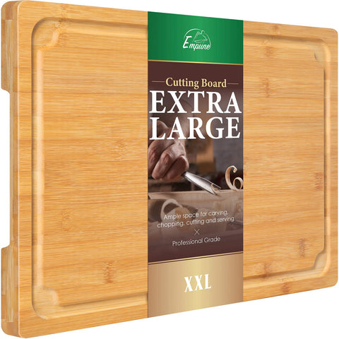 Empune 2XLarge bamboo cutting board with juice groove keeps counters clean during prep