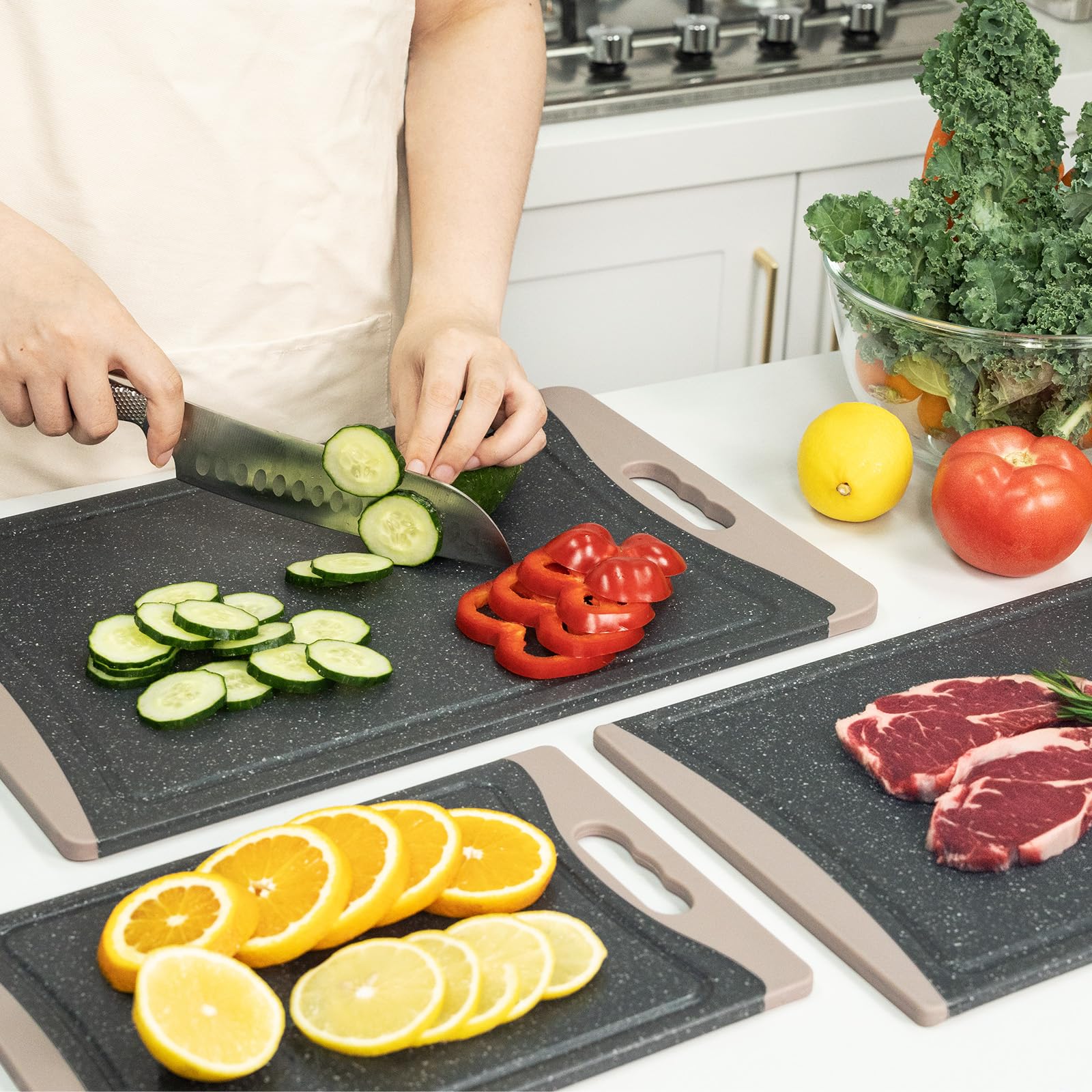 Empune almond gray kitchen cutting boards complement any counter and routine tasks.