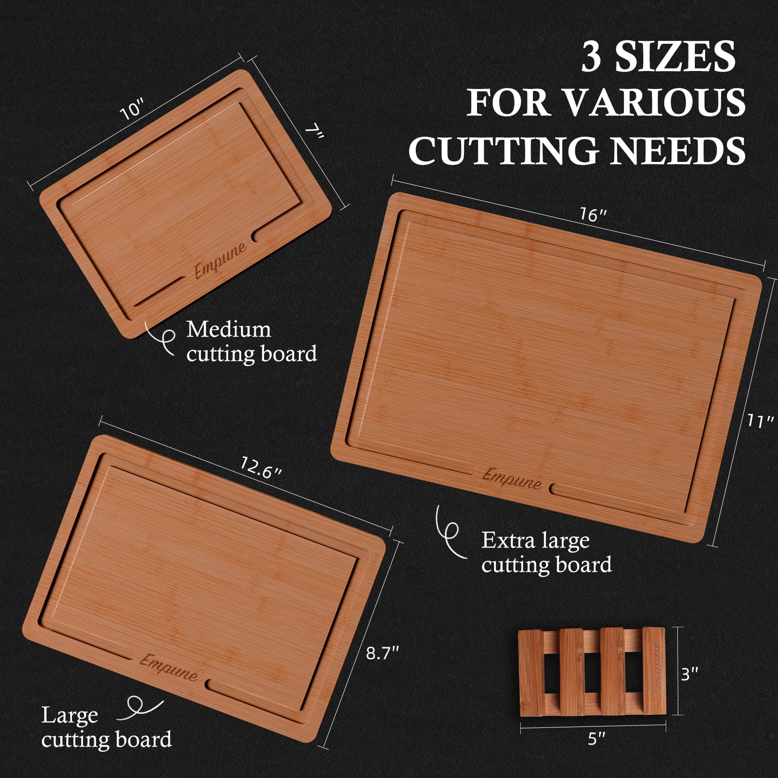 Empune juice groove helps keep counters clean during chopping tasks.