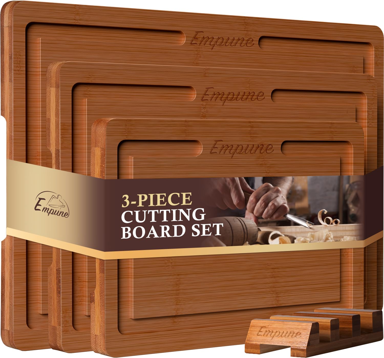 Empune bamboo cutting board set with rack for organized meal prep and serving.