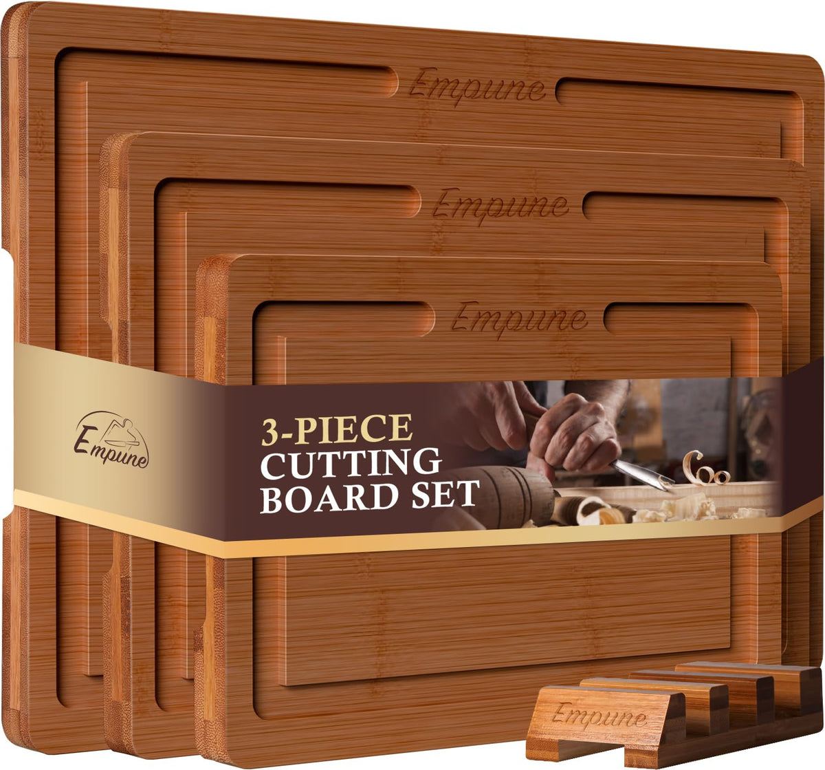 Empune bamboo cutting board set with rack for organized meal prep and serving.