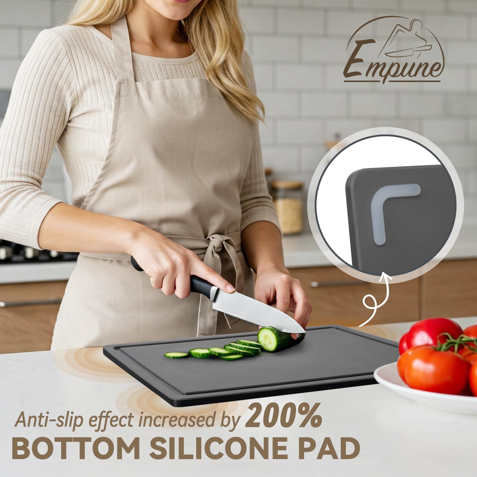 Empune cutting board deep juice groove, catches liquids to protect counters.