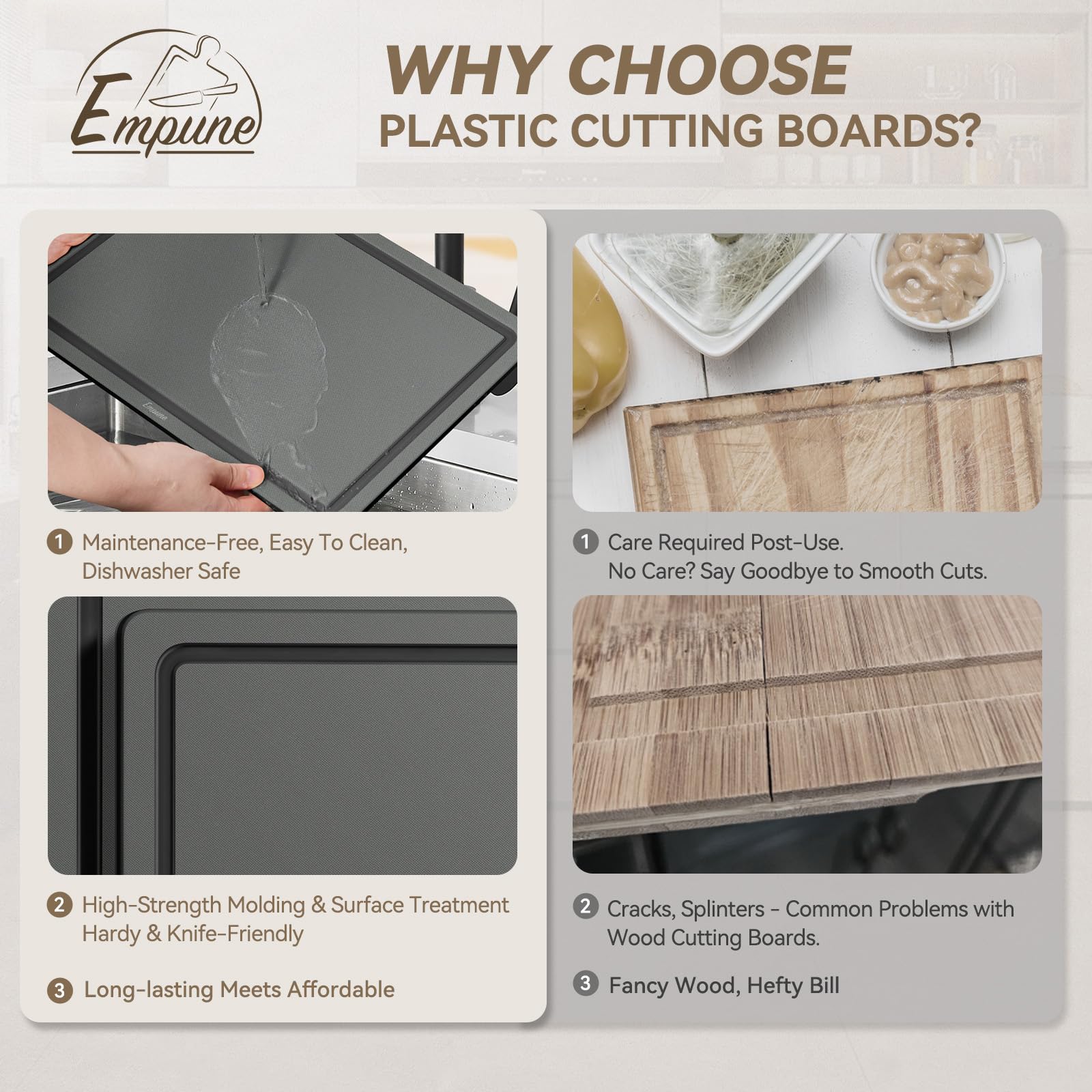 Empune cutting board dishwasher safe, easy cleanup after meals.