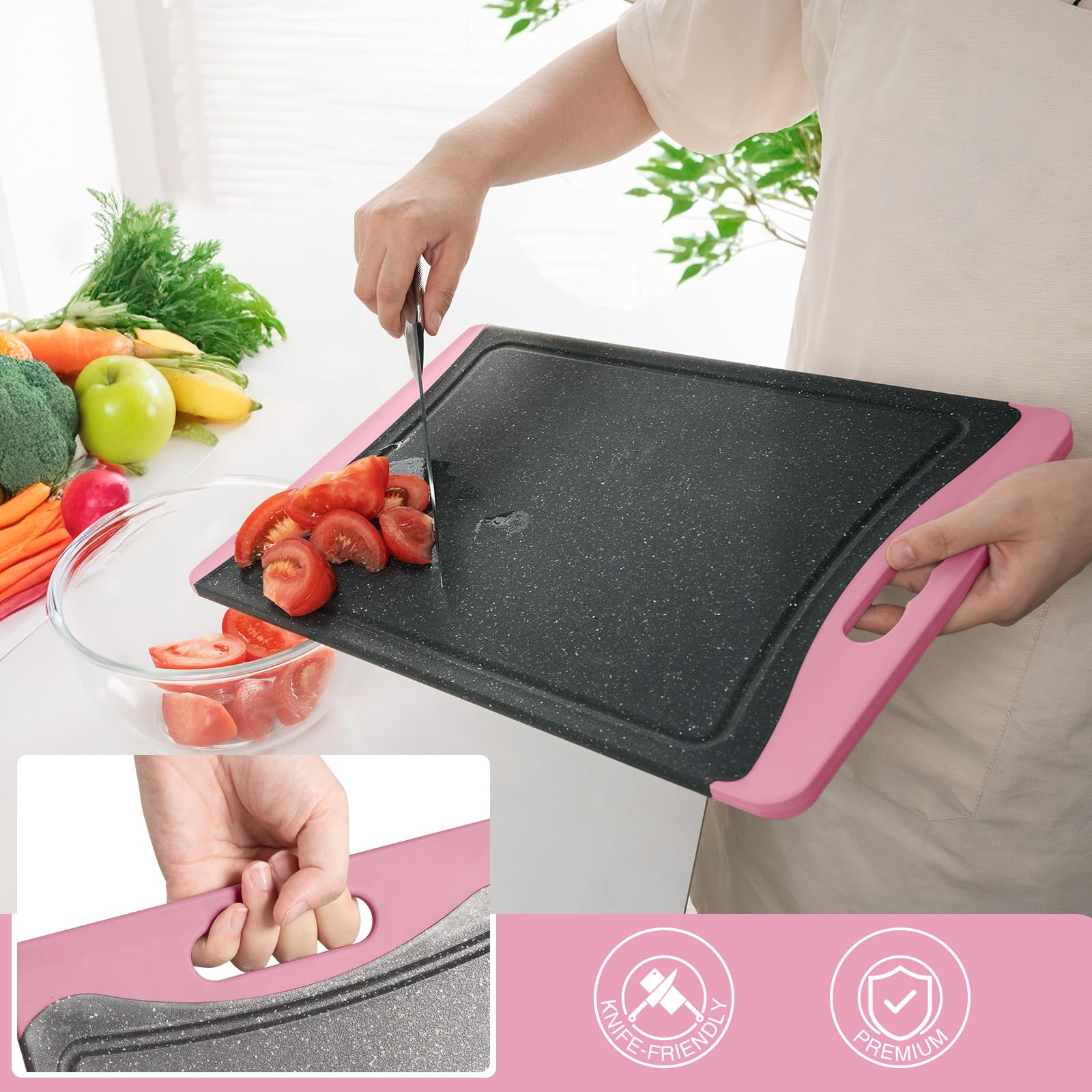Empune juice groove close-up highlights liquid containment to keep counters clean during prep