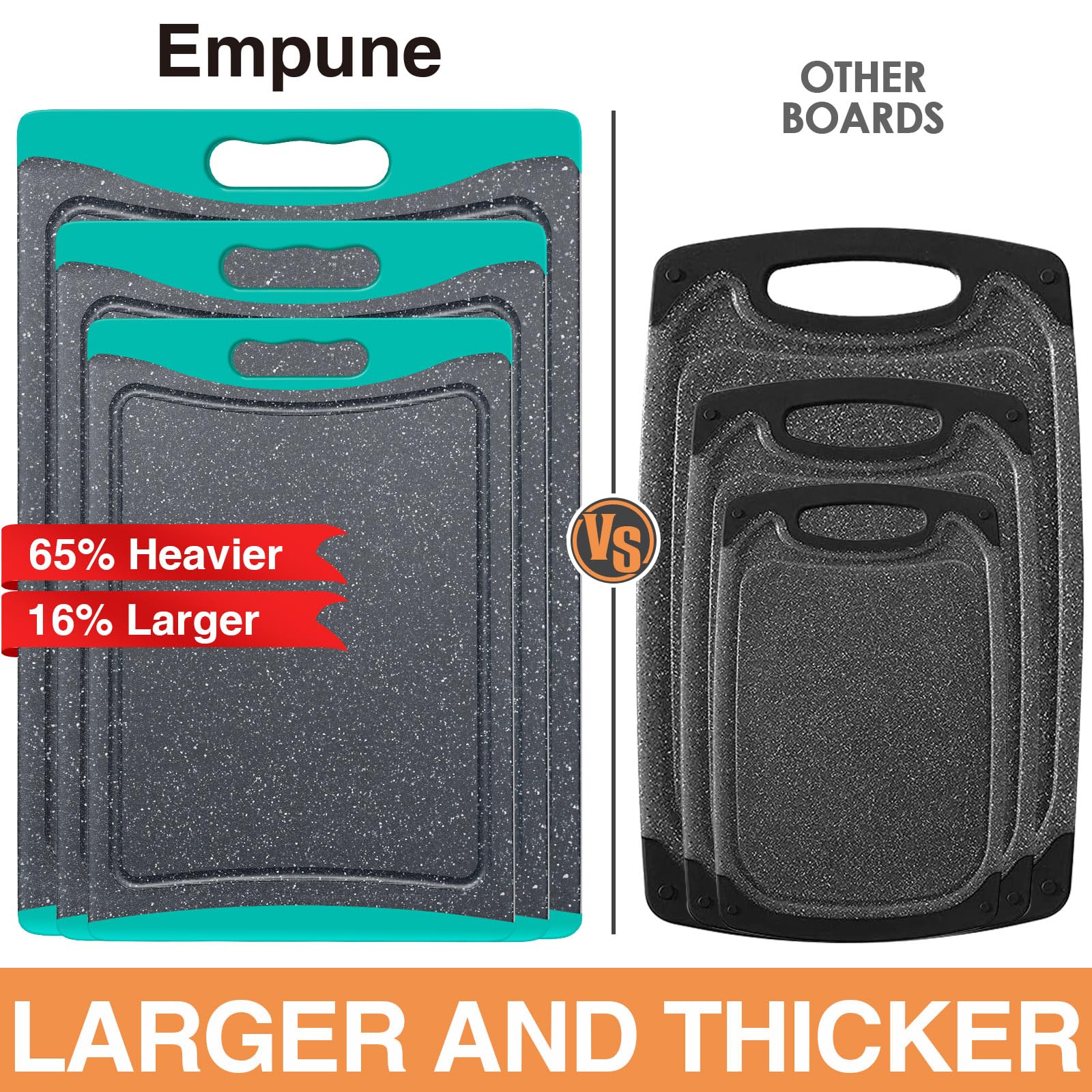 Empune large turquoise cutting board with juice groove catches liquids during chopping.