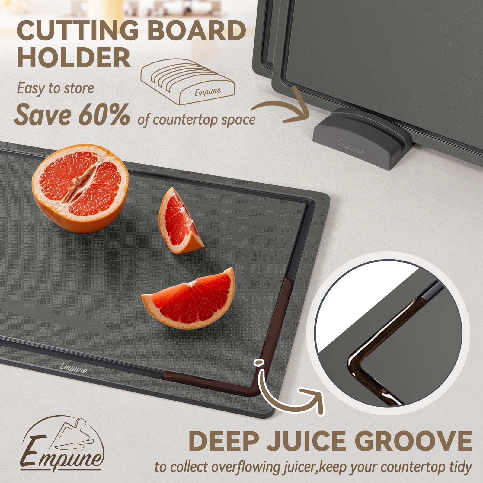 Empune cutting board rack storage, keeps boards upright for fast drying.