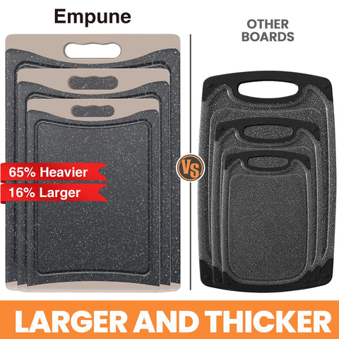 Empune large cutting board in almond gray ideal for bulk chopping.