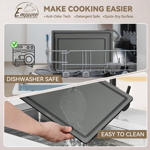 Empune cutting board set kitchen scene, shows organized counter with rack.
