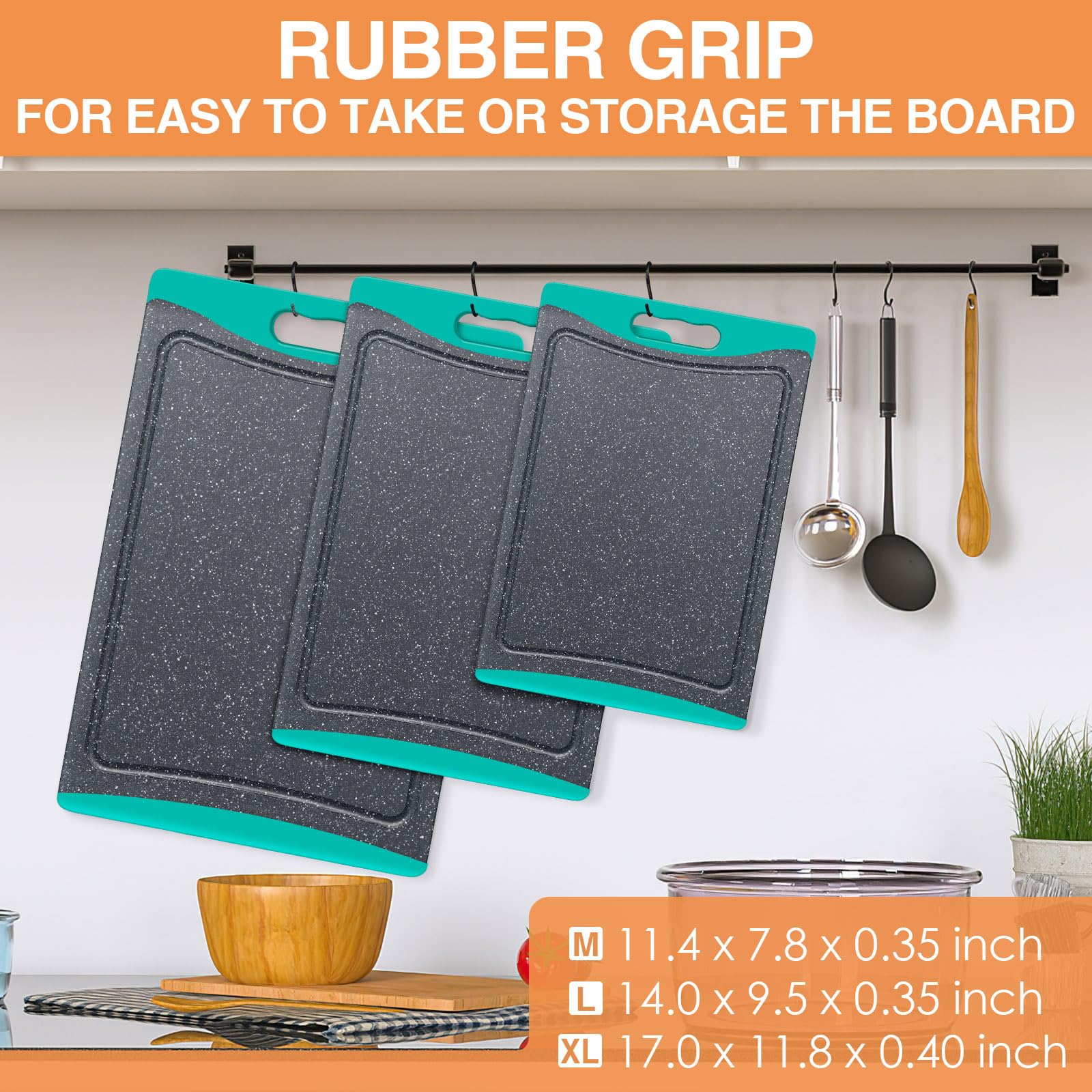 Empune small turquoise board with easy-grip handles ideal for quick prep tasks.
