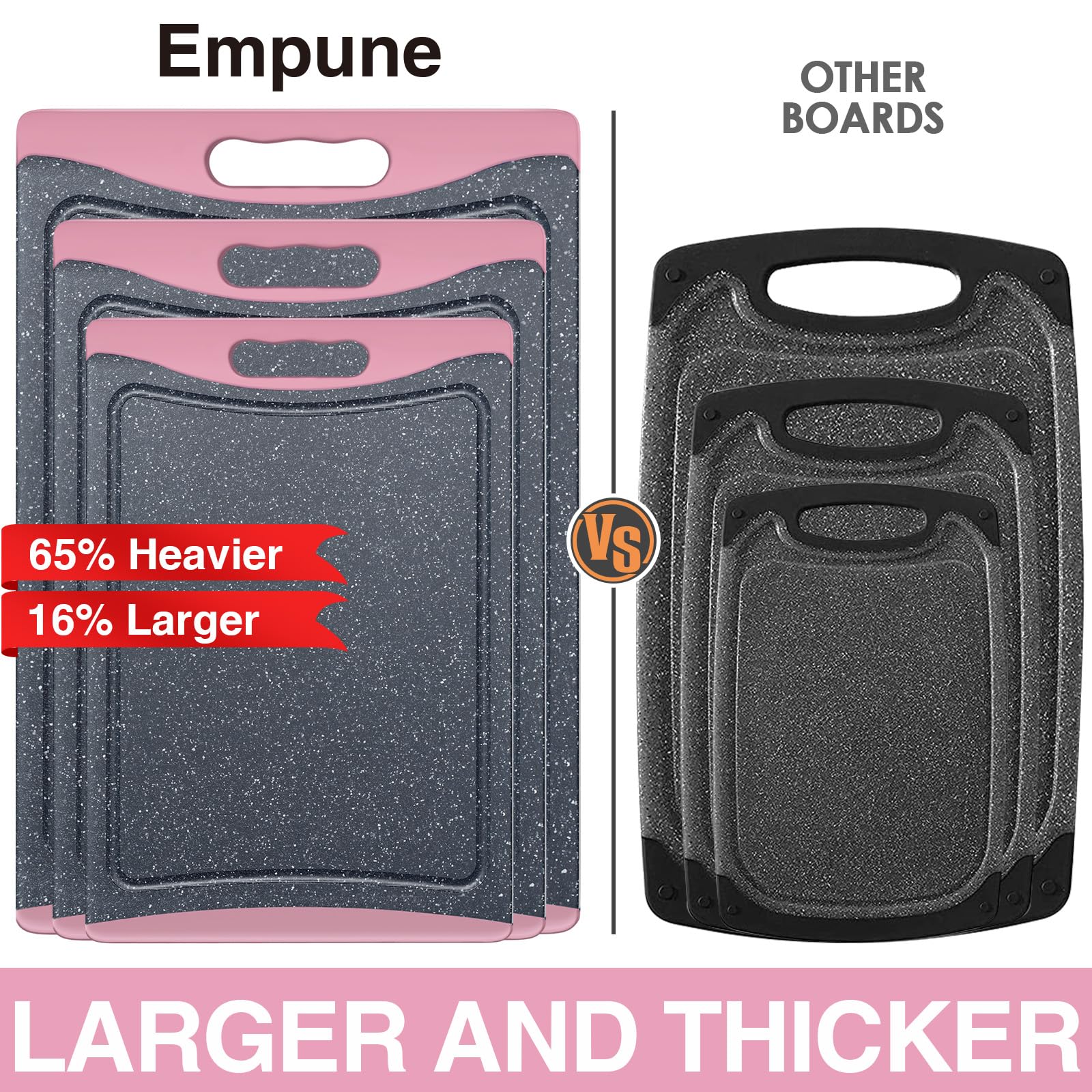 Empune pink cutting board top view shows vibrant color and roomy surface for versatile prep tasks