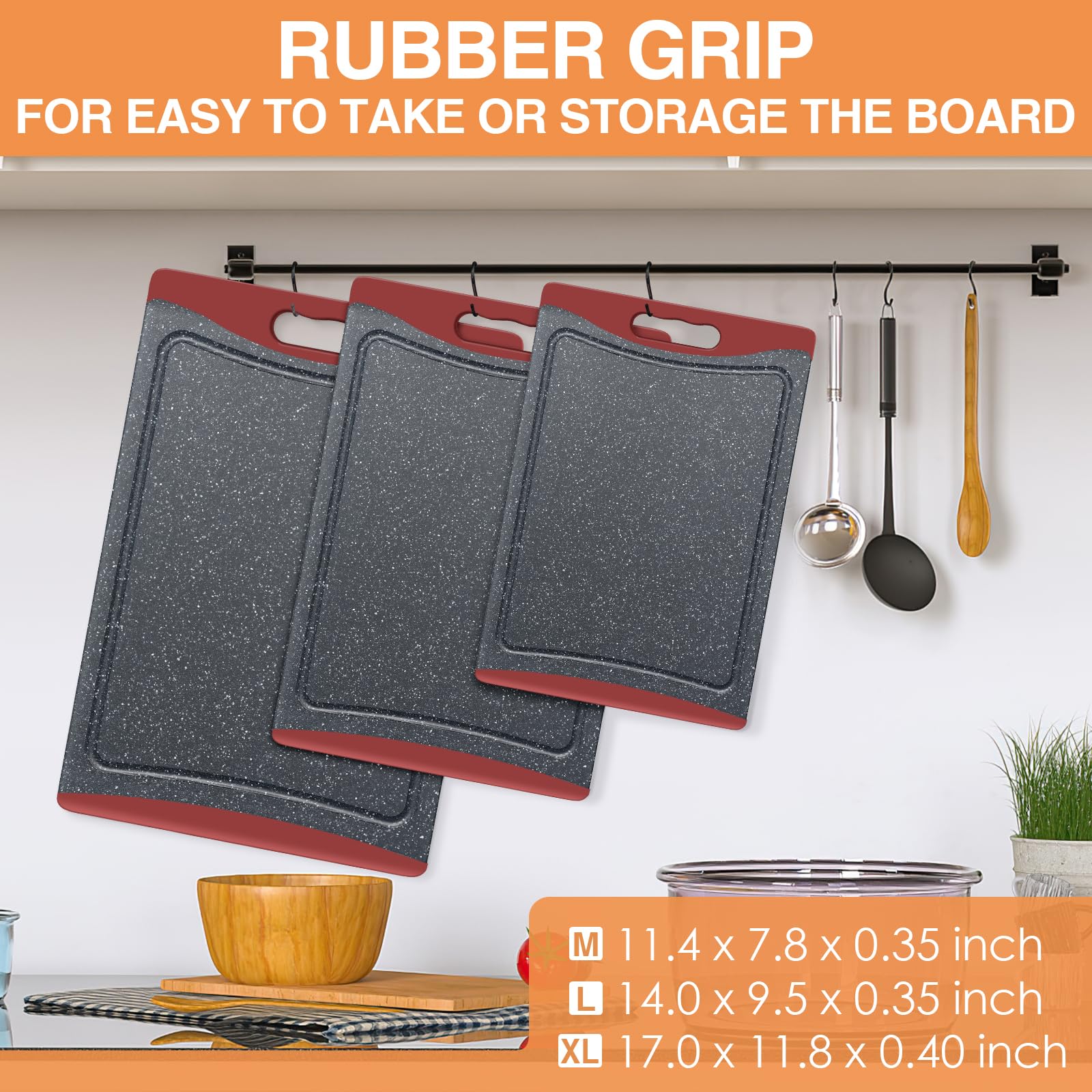 Empune cutting board with juice groove catches liquids to protect countertops.