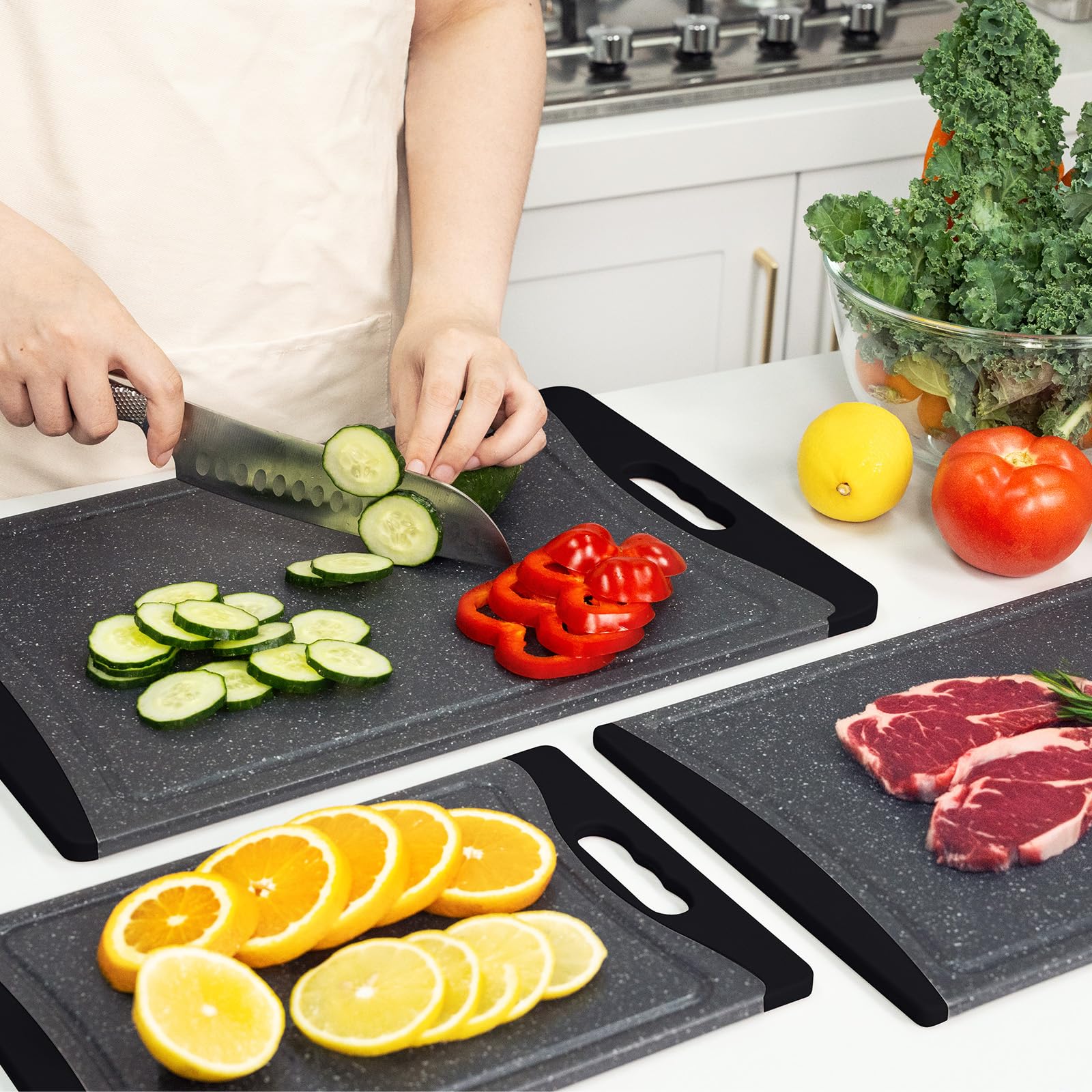 Empune dark grey plastic cutting boards provide durable, stain-resistant performance.