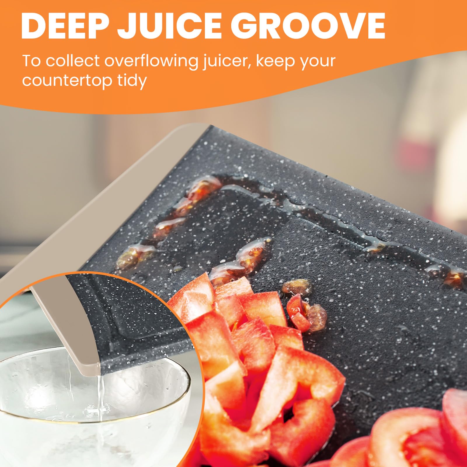 Empune dishwasher-safe cutting board offers easy cleanup after cooking.