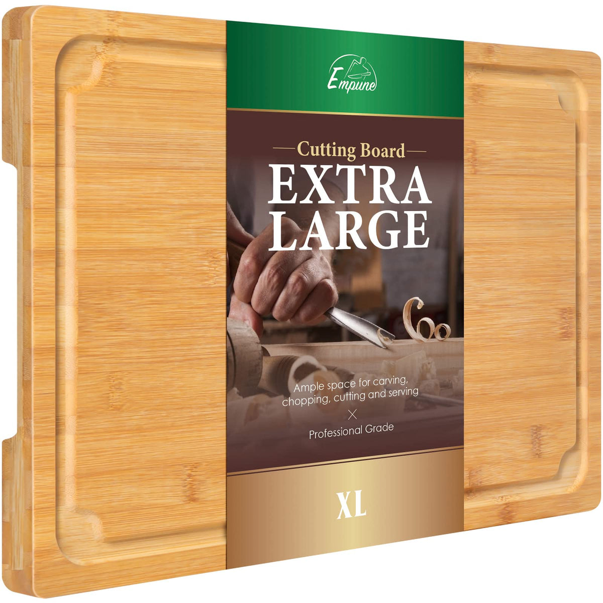Empune extra-large cutting board shows bamboo material surface durable for daily prep.