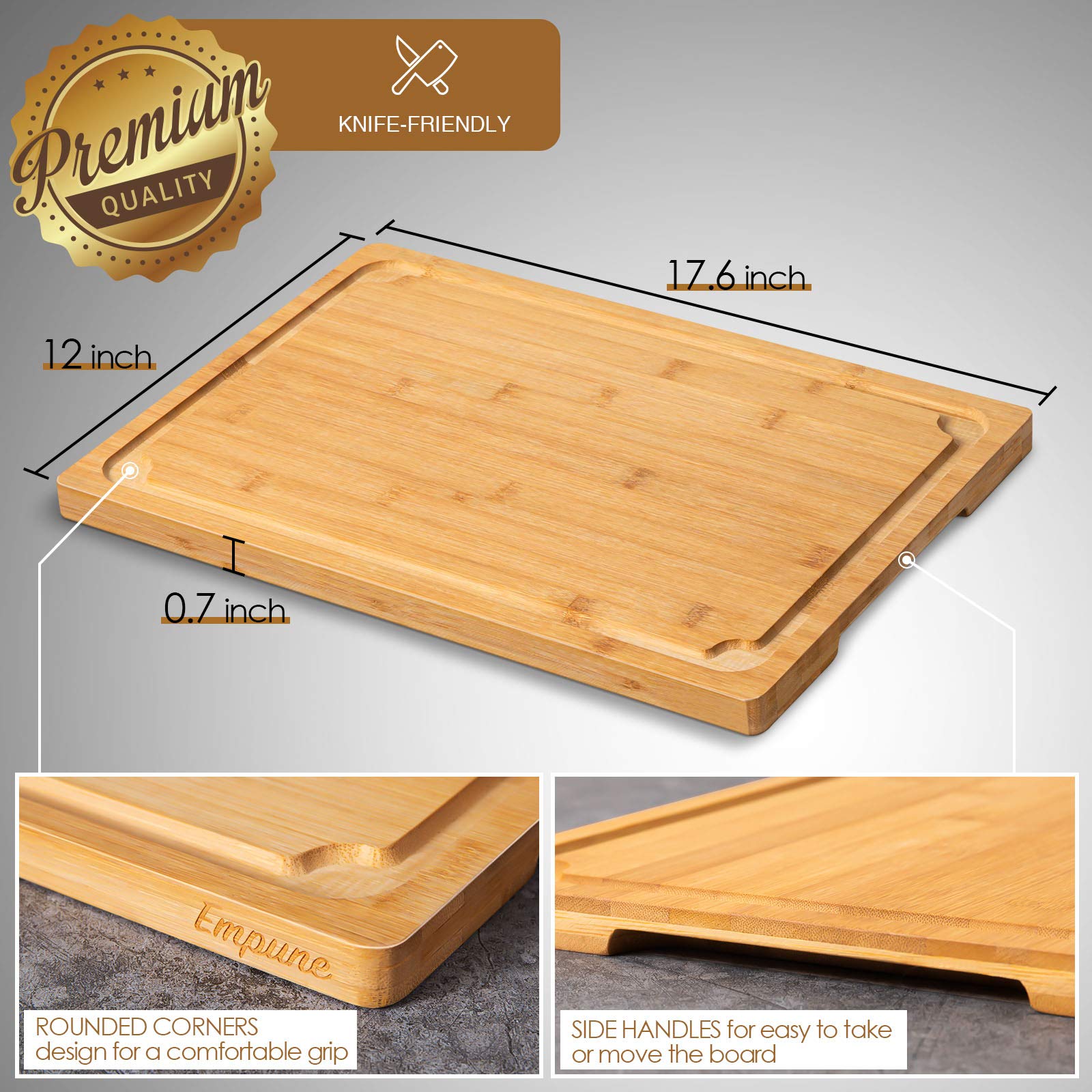 Empune cutting board with juice groove catches juices to keep counters clean.