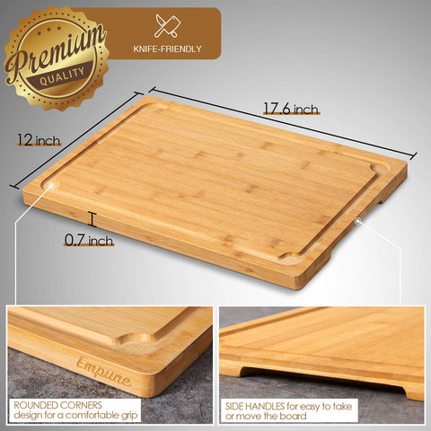 Empune cutting board with juice groove catches juices to keep counters clean.