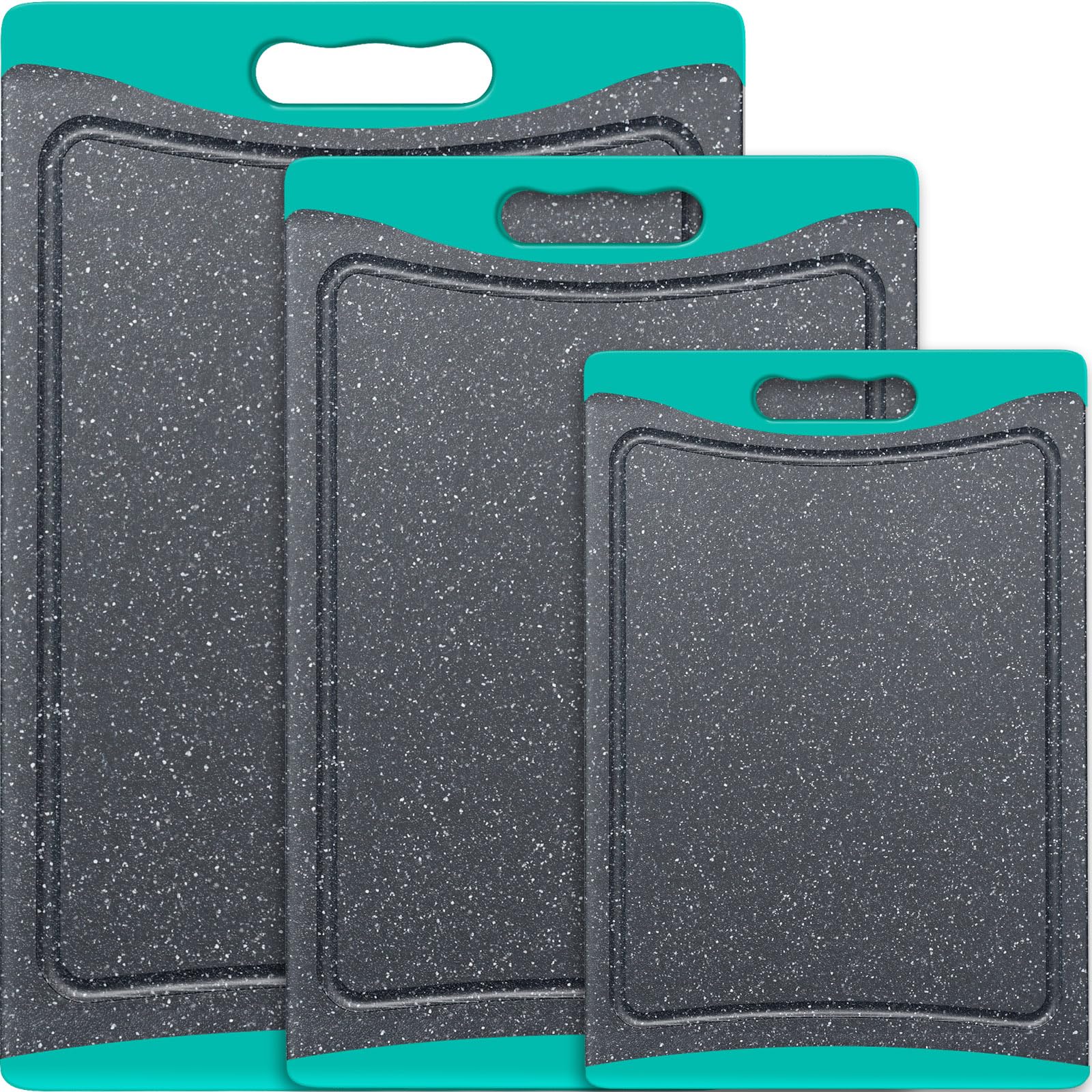 Empune extra large turquoise cutting board set for versatile meal prep and organization.