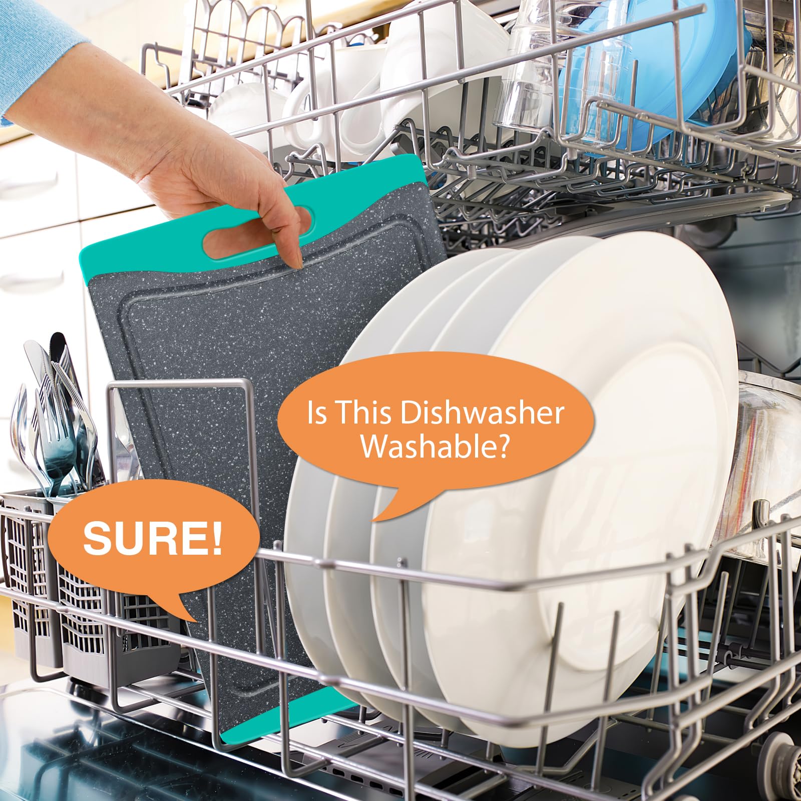Empune turquoise cutting boards help organize the kitchen for multi-dish meal prep.