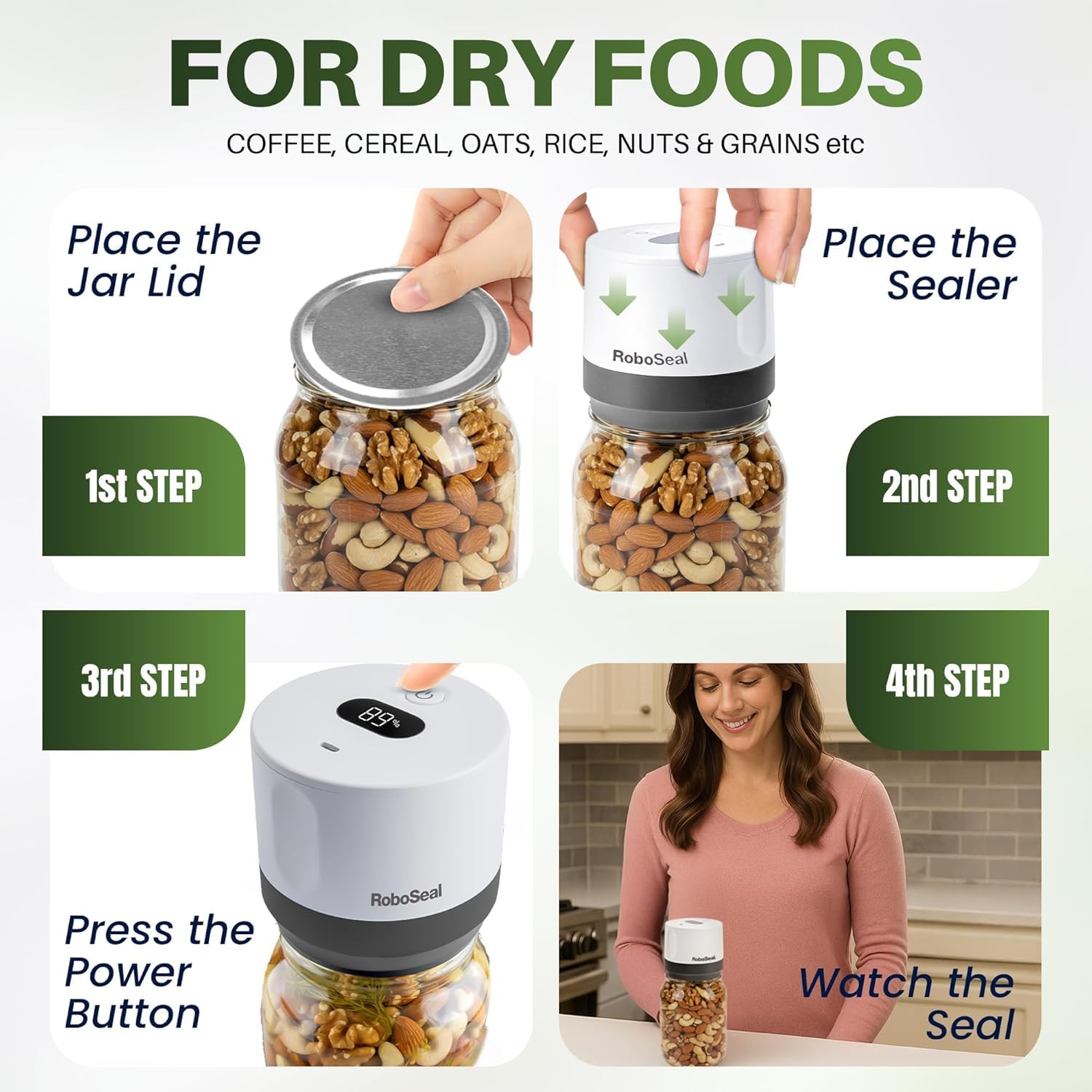 Sealed jars help minimize waste by preserving leftovers and bulk purchases with RoboSeal.