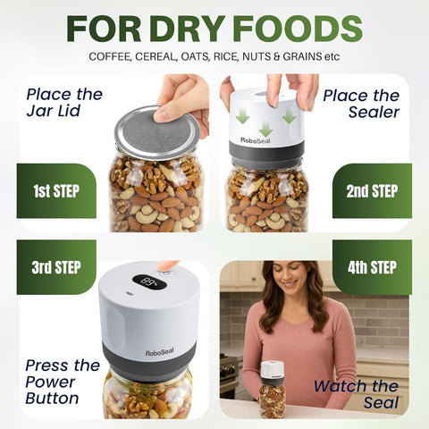 Sealed jars help minimize waste by preserving leftovers and bulk purchases with RoboSeal.