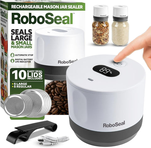 EMSON RoboSeal seals a regular-mouth mason jar to lock in freshness with one touch.