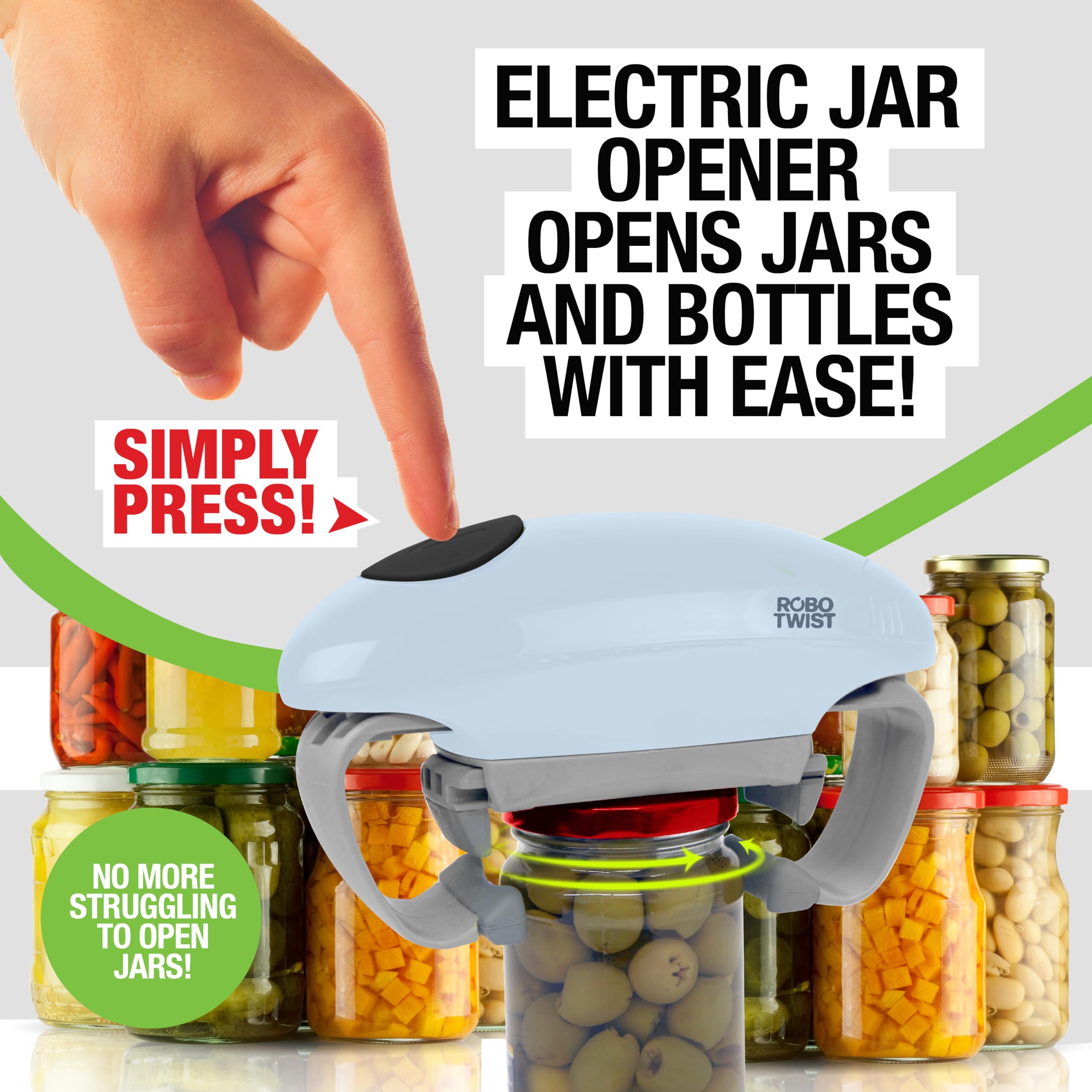 EMSON Robotwist Deluxe in-use demonstrates one-touch operation for effortless jar lids.