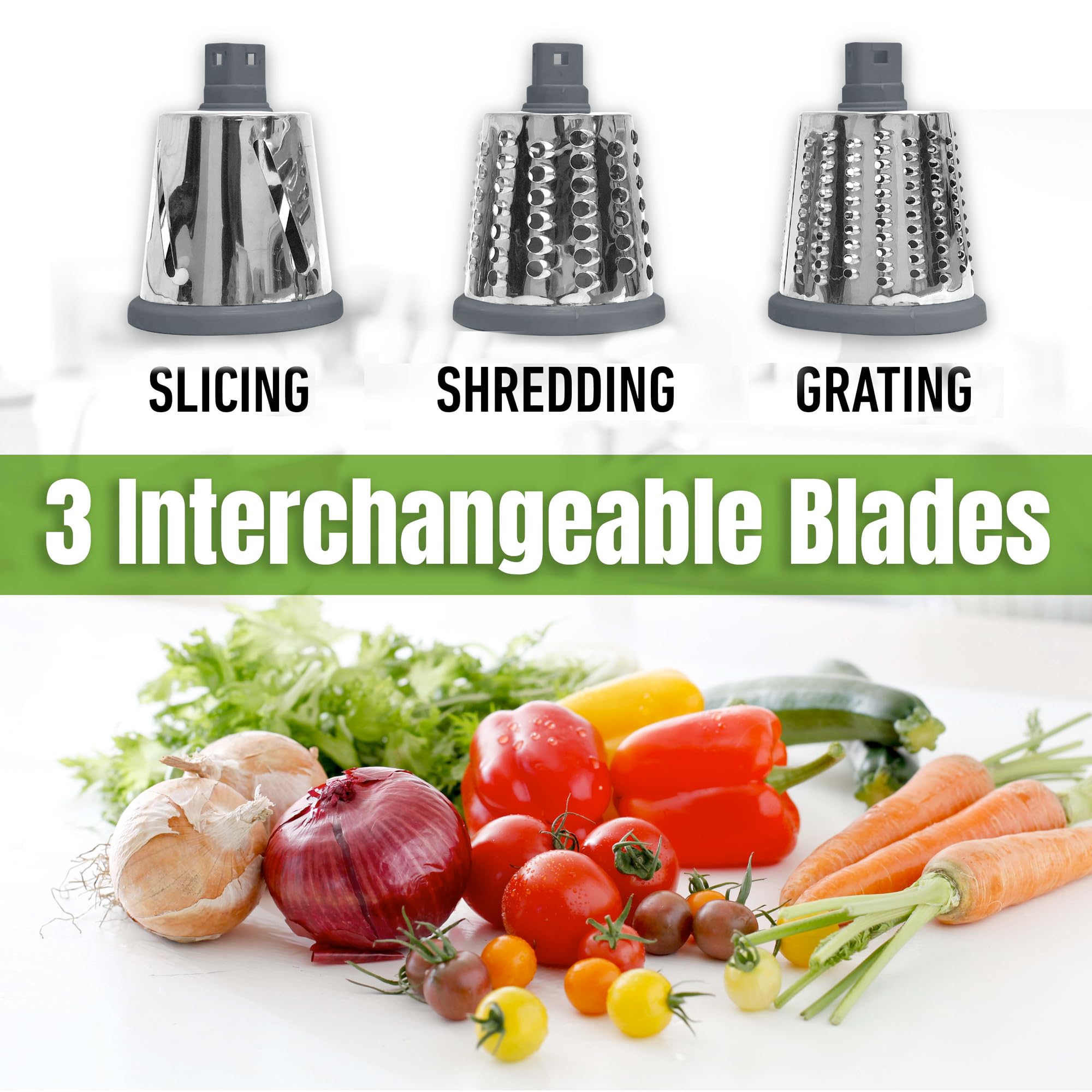 EMSON grater with three interchangeable blades for versatile cuts.